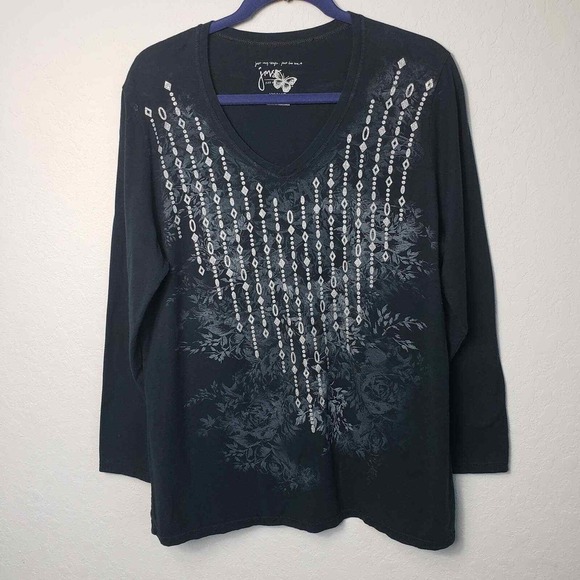 Just My Style Plus Size 1X 16W Black V-Neck Long Sleeve Embellished Tunic Top - Picture 2 of 6
